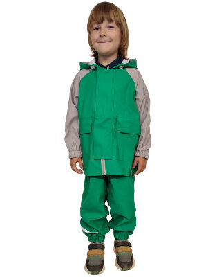 Непромокаемый детский двухцветный костюм - дождевик без подкладки. Комплект куртка + полукомбинезон. Цвет изумруд с серым