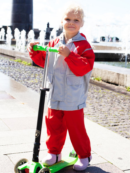 Непромокаемый детский двухцветный костюм - дождевик без подкладки. Комплект куртка + полукомбинезон. Цвет - красный с серым